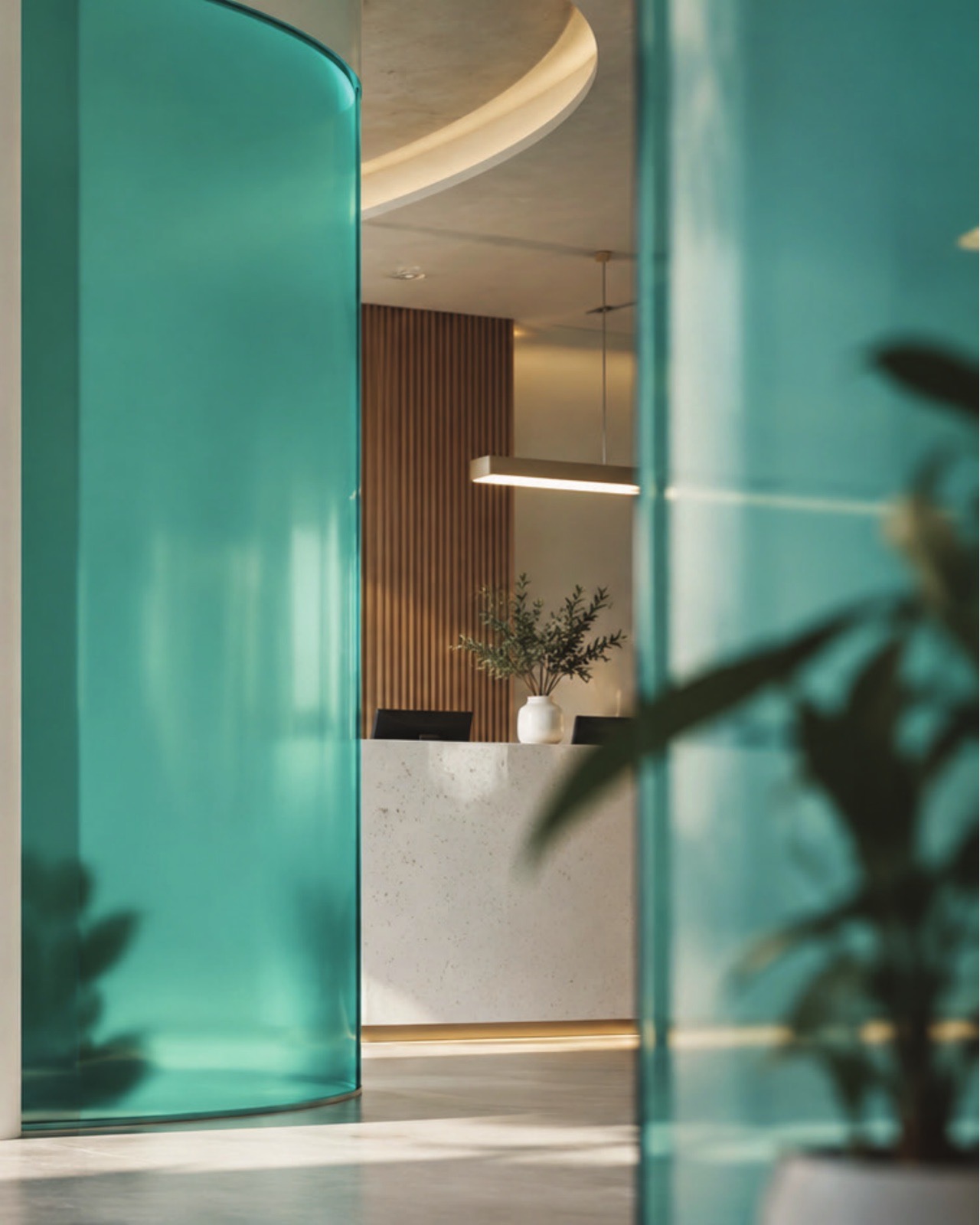 Curved teal glass walls leading to the Dental Arc reception desk