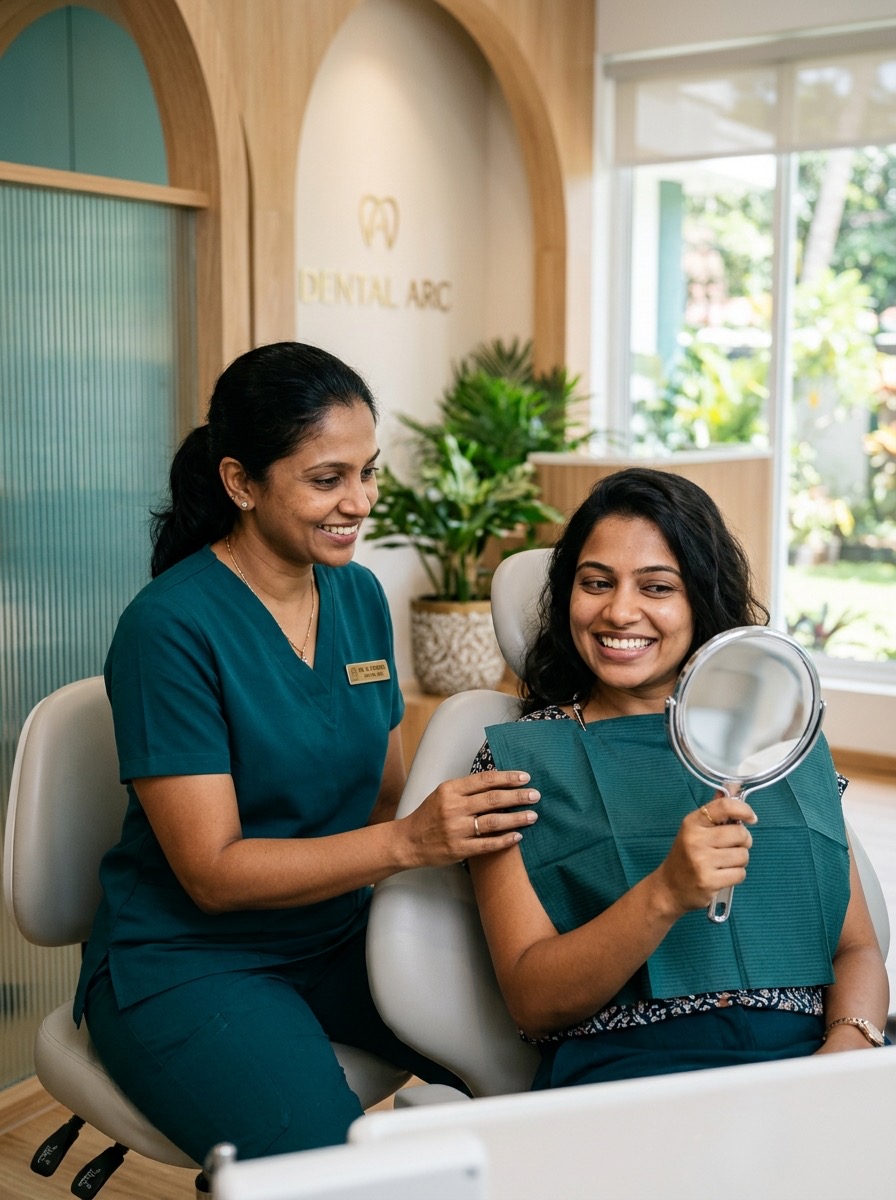 A happy patient admiring her new smile in a handheld mirror with her dentist