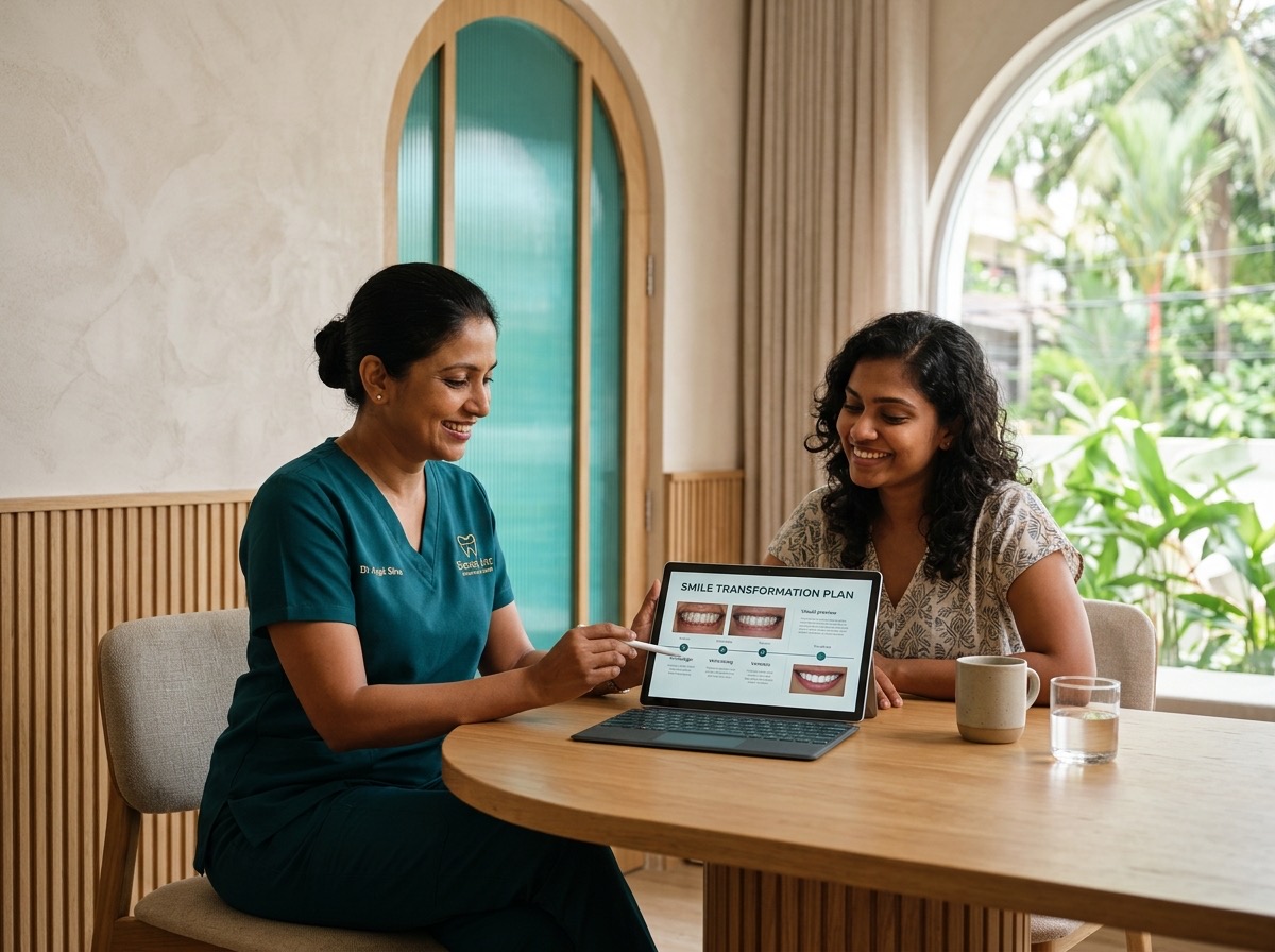 A dentist and patient reviewing a digital smile transformation plan together