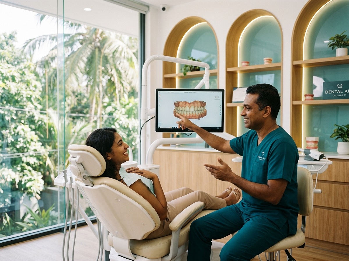 A Dental Arc dentist showing a live 3D intraoral scan to a smiling patient